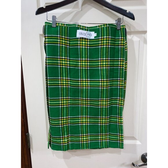 Green & Yellow Tartan Kilt Skirt By Celtic Pro 30 Waist Wool Blend Adjustable St - Picture 1 of 4